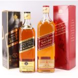 Two boxed bottles of Johnnie Walker whisky, Red Label and Black Label respectively, 1 L and 750 ml