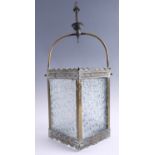 A Victorian brass and glass hanging oil-lamp lantern, 55 cm, (lacking oil lamp)