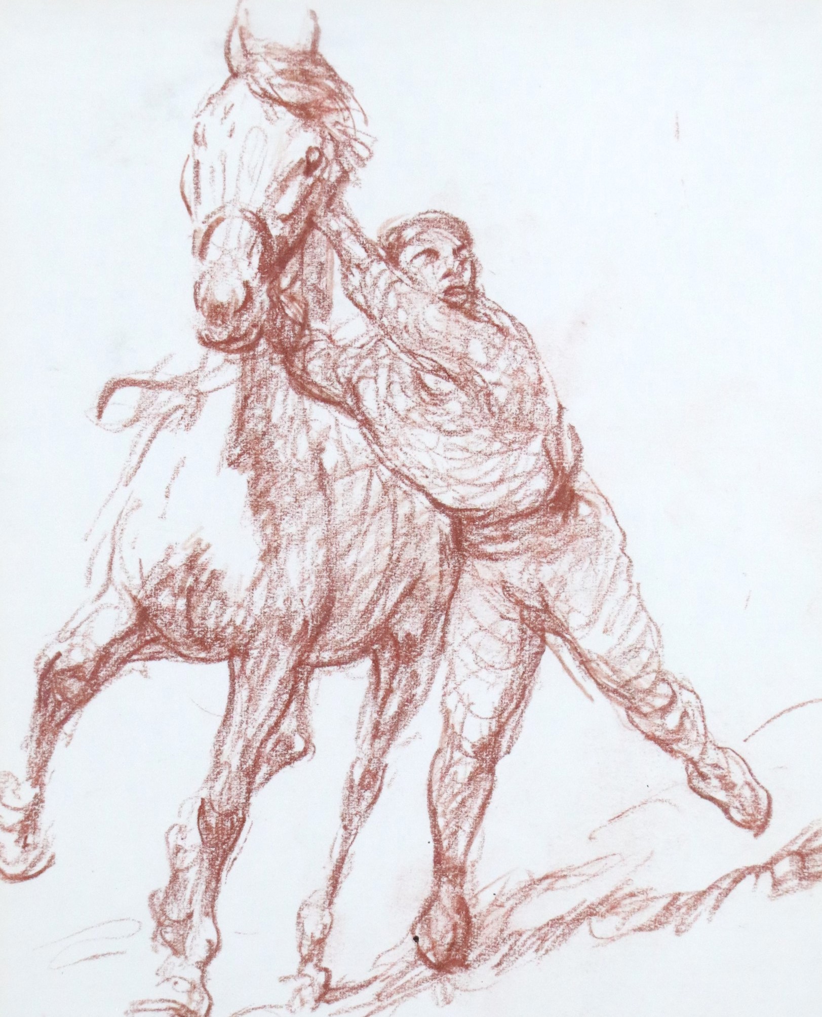 Gipsy, a sketched study of a trainer grappling with a horse, pastel / pencil, signed 'RM', in double