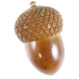 A Victorian treen acorn form needle case, 5 cm, (a/f)