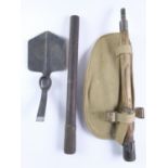 Two Second World War British military entrenching tools and a Pattern 1937 Webbing pouch