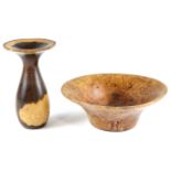 A late 20th Century turned burr-wood bowl and a laburnum vase, bowl 16.5 x 6 cm