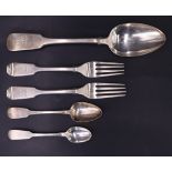 A Victorian silver fiddle pattern table spoon and two matching dessert forks, together with two