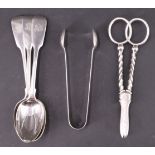 Three Victorian silver tea spoons together with a set of silver sugar tongs, 95 g, together with a