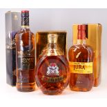 Three boxed bottles of whisky, comprising Dimple De Luxe 12 Year Old, The Famous Grouse Smoky Black,
