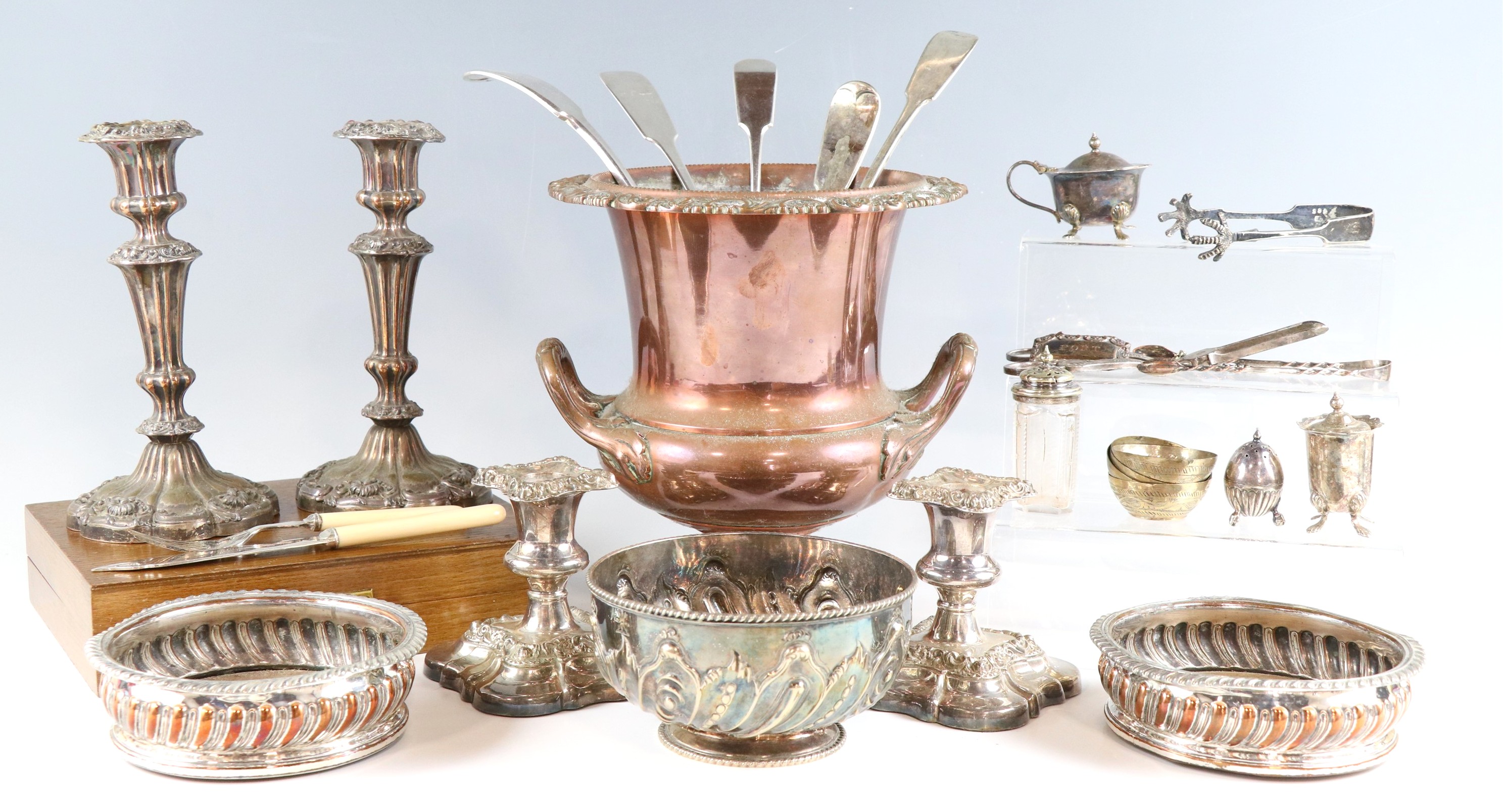 A quantity of Victorian and later silver plate, including a pair of Sheffield plate decanter