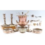 A quantity of Victorian and later silver plate, including a pair of Sheffield plate decanter