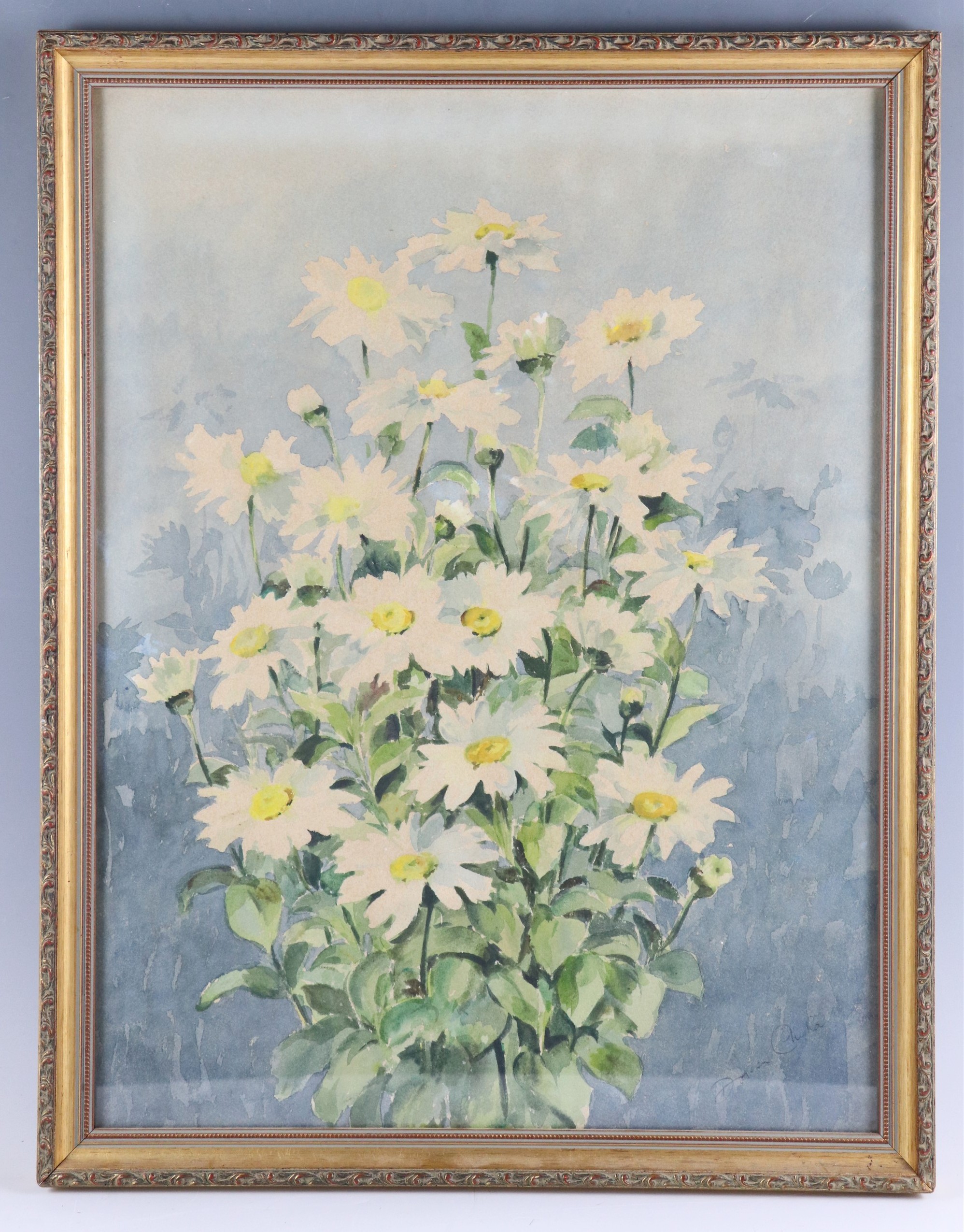 Doreen Chiha (Welsh, Contemporary) A still life of a bunch of daisies set against blue, watercolour, - Image 2 of 2