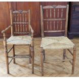 A 19th Century child's oak high chair, having a spindle back and rush seat, together with a
