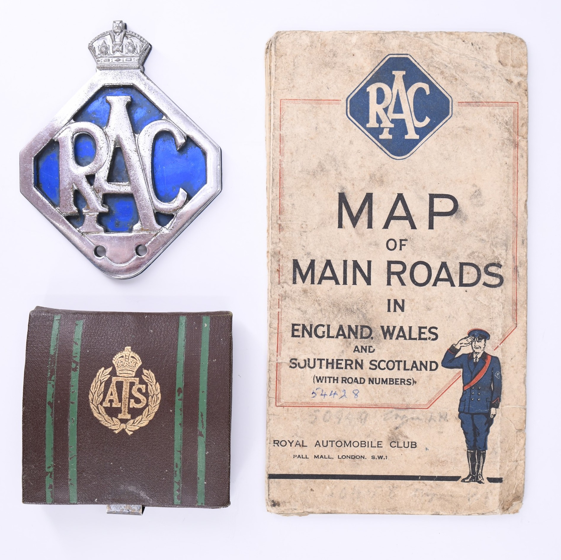 A 1950s RAC chrome and anodised aluminium bumper badge, number 408589, and a glove-box map, together