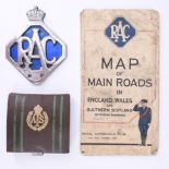 A 1950s RAC chrome and anodised aluminium bumper badge, number 408589, and a glove-box map, together