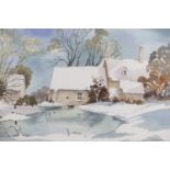 Mary M Newman (Contemporary) "Cotswold Mill in Winter", an enchanting, wintry depiction of a