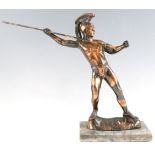 A kitsch anodised cast figure of a classical Greek warrior, on a marble base, 33 cm