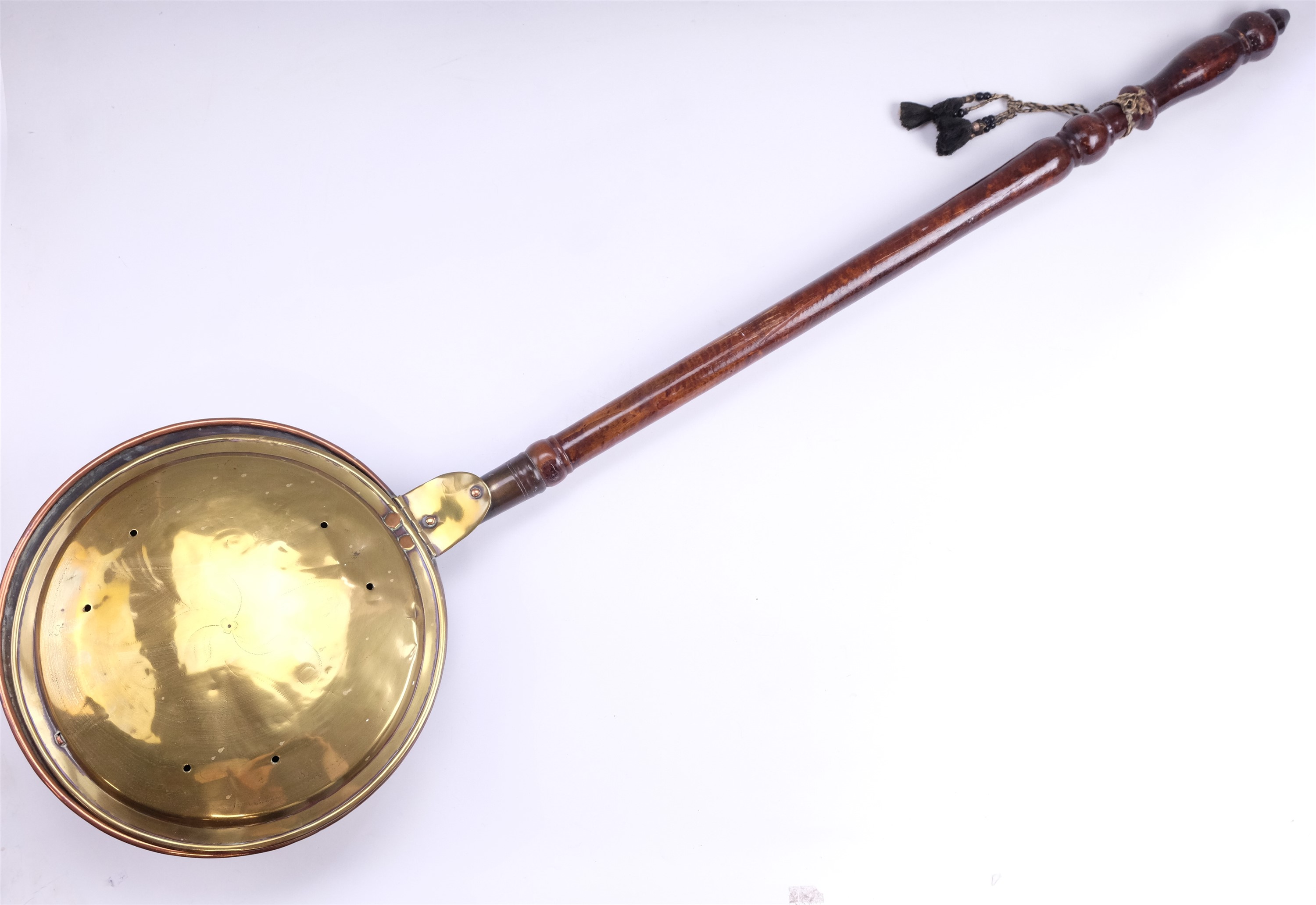 A Victorian brass and copper long handled bed warmer, 108 cm