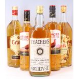 Five bottles of blended whisky, comprising Teachers, The Famous Grouse, and Grant's