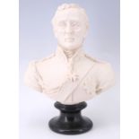 A composition bust of the Duke of Wellington on a black socle, having a medal commemorating the
