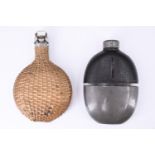 A Victorian leather-covered and pewter-mounted glass hip flask and beaker, 13.5 cm, together with