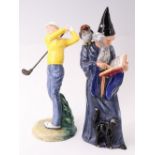 Two Royal Doulton figurines, The Wizard and Teeing Off, tallest 25 cm