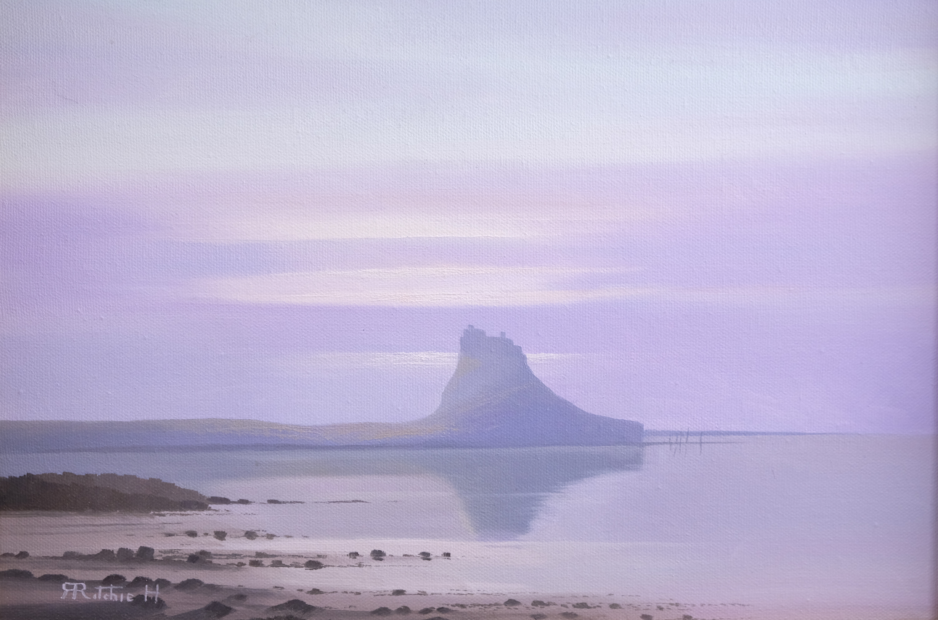 Robert Ritchie (contemporary) A serene, violaceous seascape depicting the isolated Lindisfarne