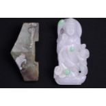 A Chinese carved jade Buddha together with a carved jade Han style sword pommel, former 8 cm