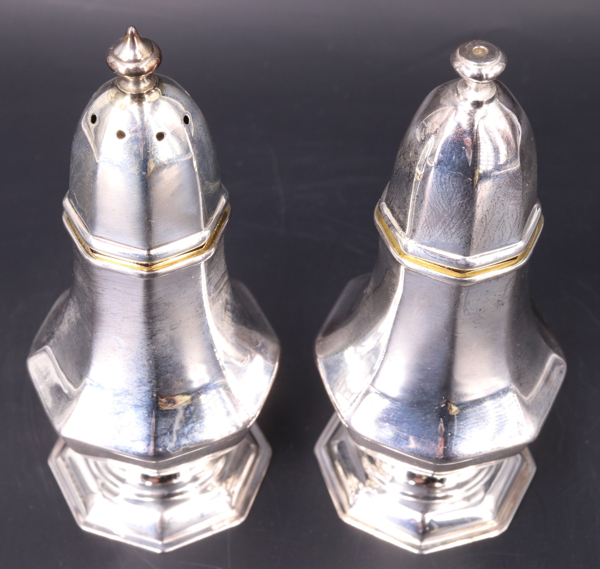 Boxed Carr's of Sheffield Ltd silver Georgian style salt and pepper pots, having gilt interiors, - Image 3 of 8