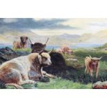 John Whittaker (Cumbrian, 1876 - 1960) A naive study of a small herd of highland cows at rest,