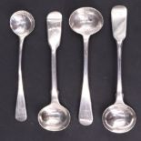 Three Georgian silver salt / mustard spoons together with a Victorian example, 40.5 g