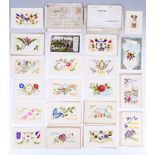 18 early 20th Century embroidered silk sweetheart postcards, including RAMC pstcard, mostly unused