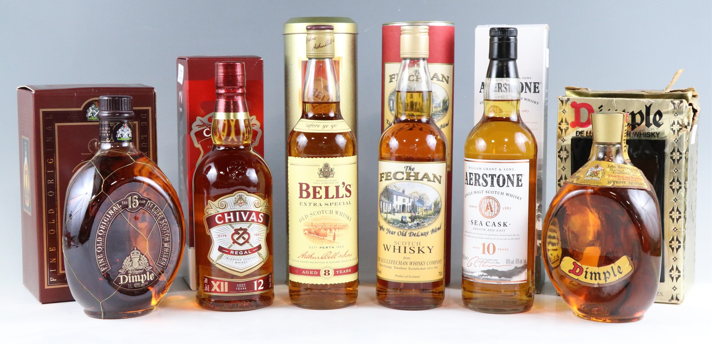 Six bottles of boxed whisky, comprising Dimple 15 Years Old and De Luxe, Bell's, Aerstone Sea