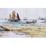 A depiction of fisher folk by the shore at low tide with sailing boats and harbour beyond,