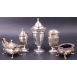 Five Victorian and later silver condiments, comprising three pepperettes, a salt cellar and
