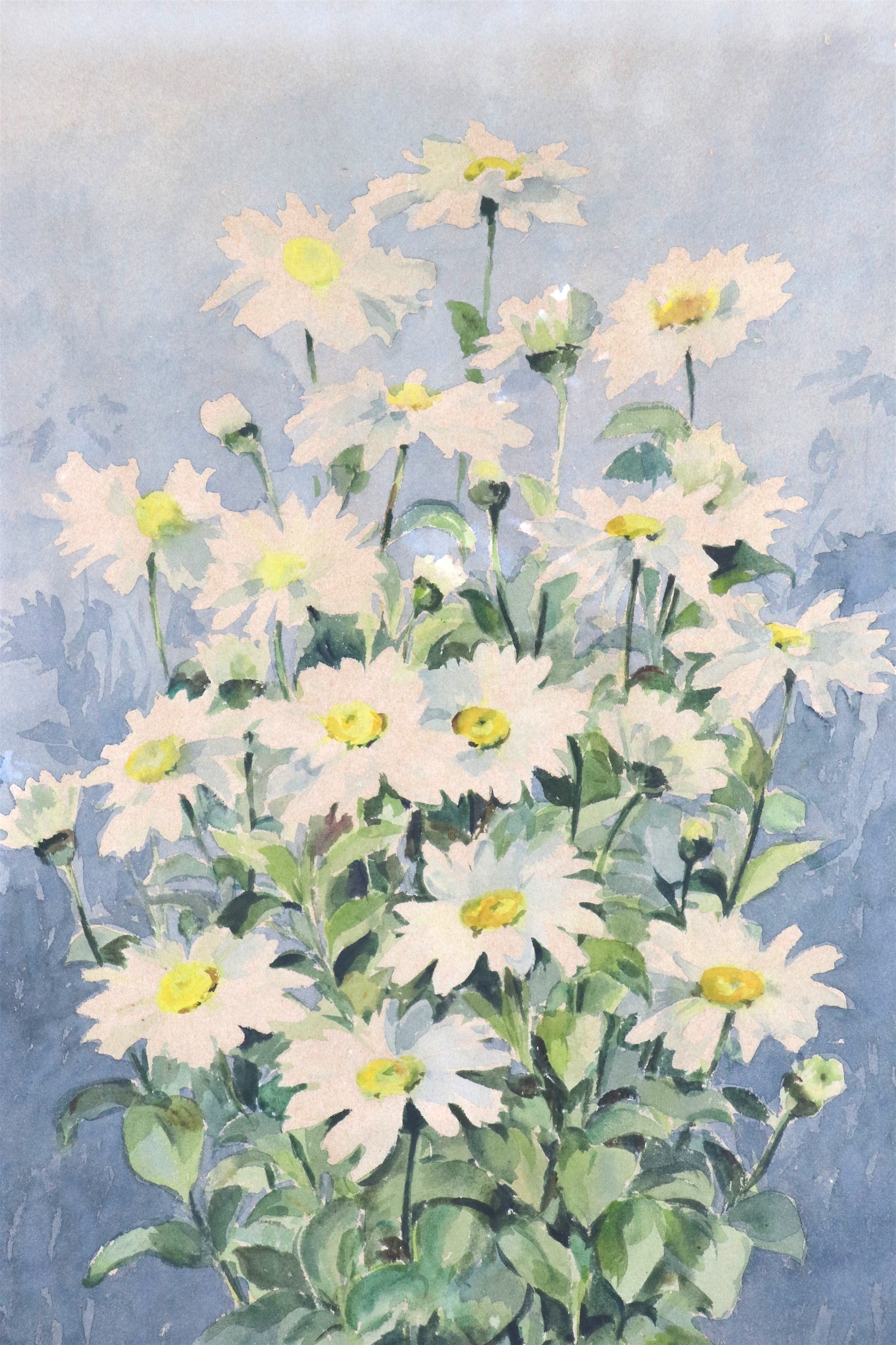 Doreen Chiha (Welsh, Contemporary) A still life of a bunch of daisies set against blue, watercolour,