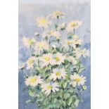 Doreen Chiha (Welsh, Contemporary) A still life of a bunch of daisies set against blue, watercolour,