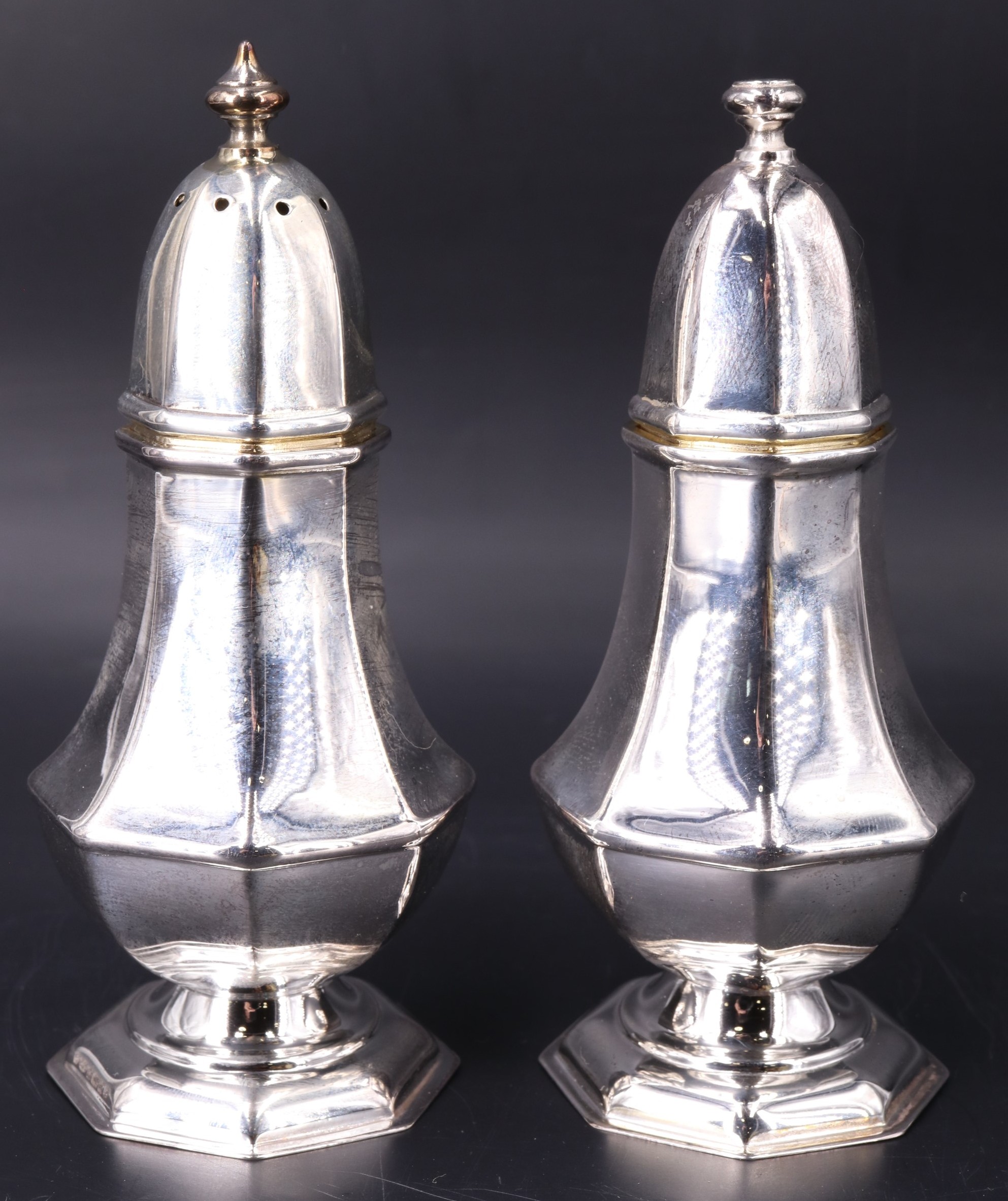 Boxed Carr's of Sheffield Ltd silver Georgian style salt and pepper pots, having gilt interiors, - Image 2 of 8
