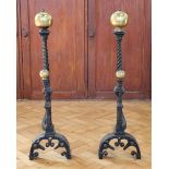 A large pair of Victorian brass and wrought iron andirons, 24 x 55 x 84 cm