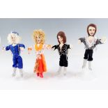 A set of four handcrafted ABBA Diva Dolls by Diane, on plastic stands, dolls 20 cm, (one stand a/