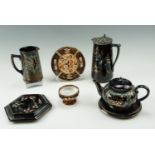 Five items of Victorian Jackfield Pottery, including a teapot, a pewter lidded jug, etc, together