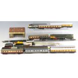 A quantity of Hornby model railway locomotives, carriages, track, and buildings, including "Sir