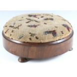 A Victorian walnut footstool, having bead-work cover and raised on bun feet, 25.5 x 10 cm