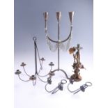 A late 20th Century wrought iron six branch chandelier and a conforming pair of two branch wall