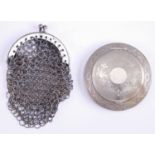 An electroplate powder compact together with a sporran style mesh coin purse, latter circa 1920s