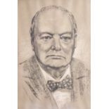 A portrait of Winston Churchill with facsimile signature, print, card mounted in ebonised frame