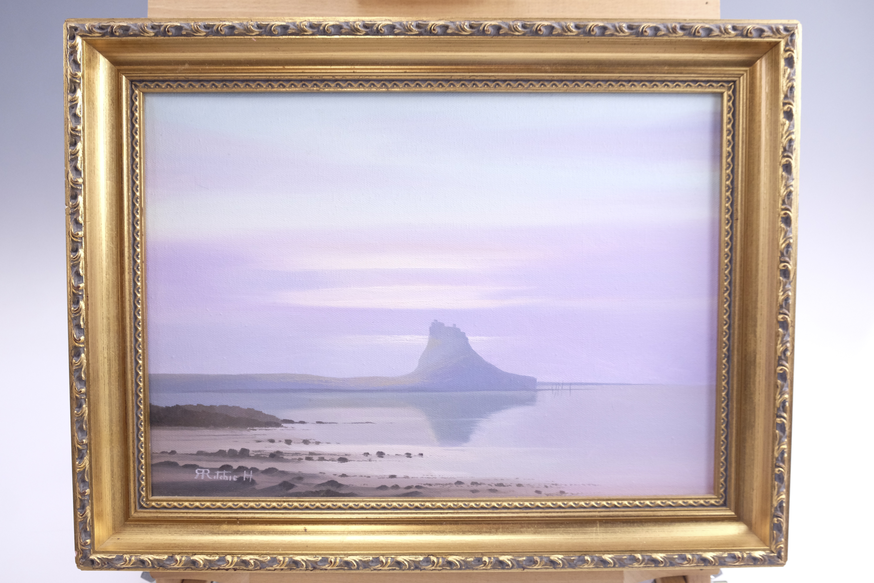 Robert Ritchie (contemporary) A serene, violaceous seascape depicting the isolated Lindisfarne - Image 2 of 2