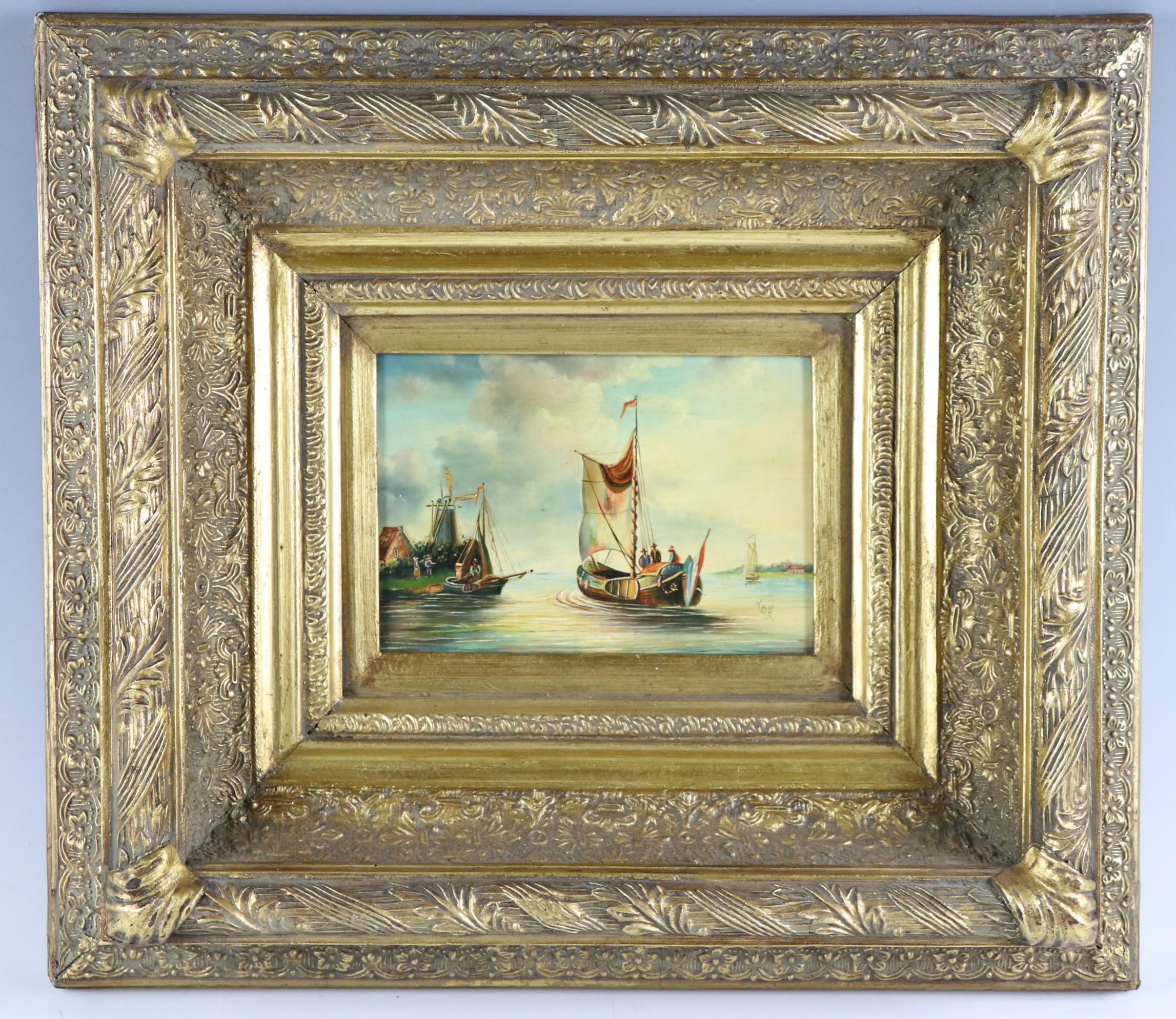 A 17th Century Dutch reproduction depicting an estuary view, oil on panel, monogrammed 'TBH', in - Image 2 of 2