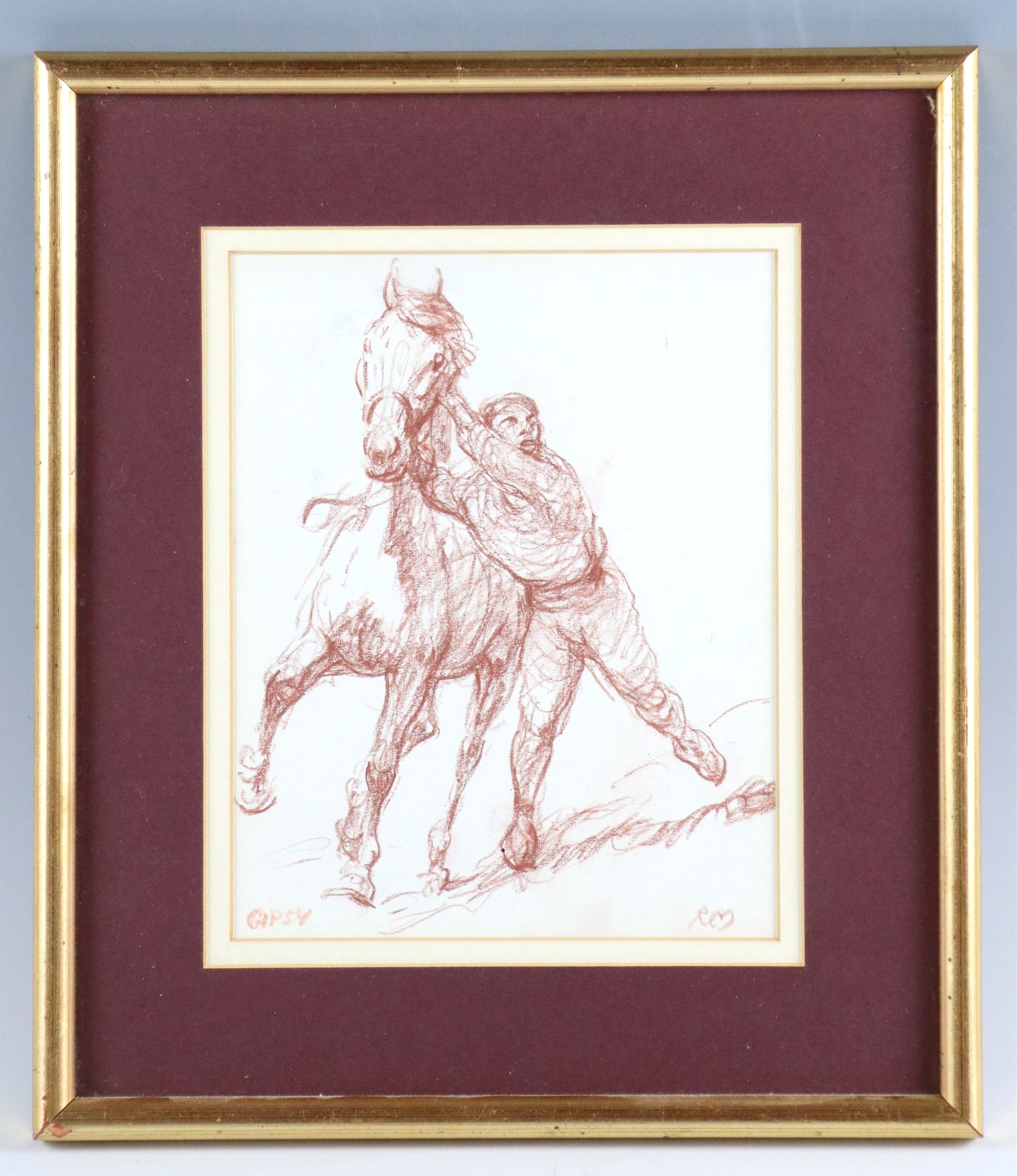Gipsy, a sketched study of a trainer grappling with a horse, pastel / pencil, signed 'RM', in double - Image 2 of 2