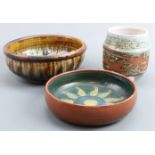 Three items of late 20th Century studio pottery comprising two bowls and a jar, largest bowl 21 x