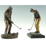 A cold painted cast brass golfer together with one other, tallest 20 cm