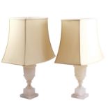A pair of George Vl alabaster table lamps with shades, 41 cm to socket