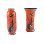 Two 1920s Art Deco / Chinoiserie Wiltshaw & Robinson Carlton Ware magpie pattern vases, having