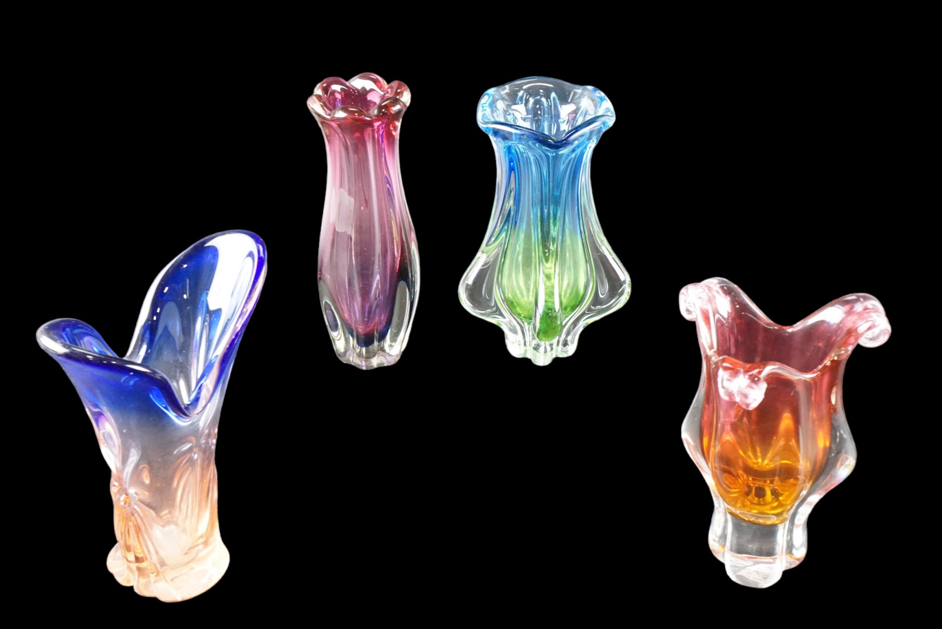 Four studio glass vases, tallest 29 cm